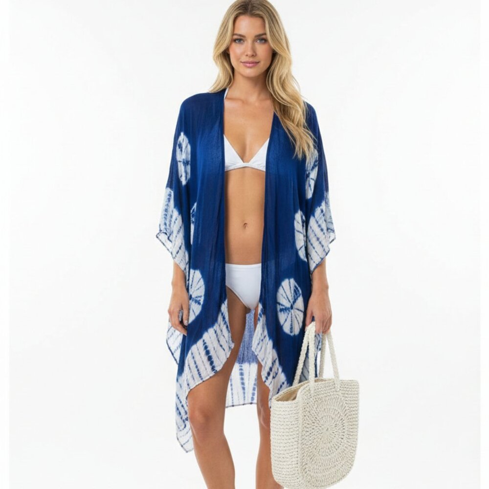 Blue & White Tie Dye Print Open Front Drape Swim Bathing Suit Cover Up Top OS